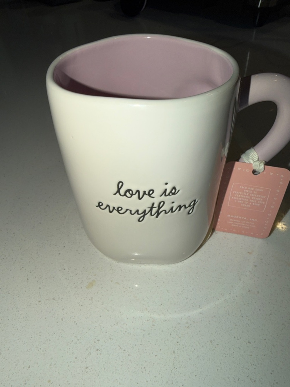 Rae Dunn White Ceramic Mug with Pink Interior and Handle - "love is everything"
